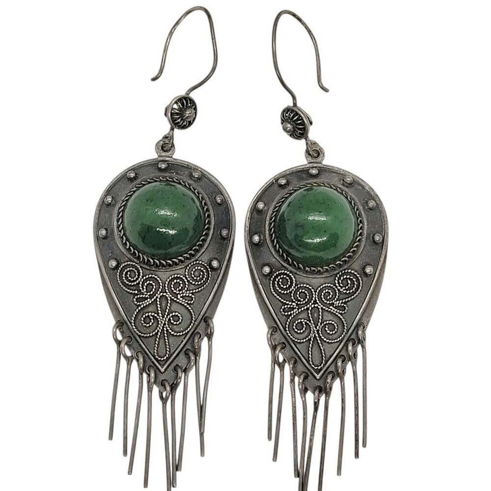 Vintage Silver Tone Filigree Green Cabochon Fringe Earrings Mystic Bohemian